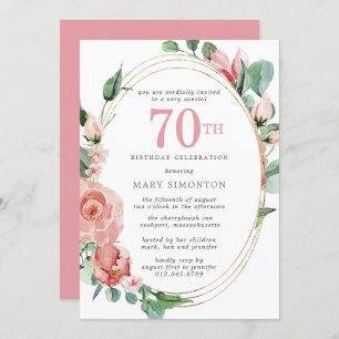 Pastel Red Rose Floral 70th Birthday Party Kaart