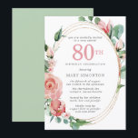Pastel Red Rose Floral 80th Birthday Party Kaart<br><div class="desc">Een zacht pastelrood dat bijna roze creëer is, een prachtig bloemetjesontwerp op deze elegante 80ste verjaardagsuitnodiging. De rode rozen worden in diepe groene bladeren genaaid. De rozen en bladeren versieren een chic multi-strand goud lijst. De 80ste is geschreven in een grote rode tekst. De rest van de tekst is donkergrijs....</div>