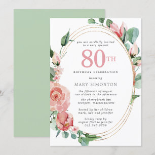 Pastel Red Rose Floral 80th Birthday Party Kaart