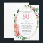 Pastel Red Rose Floral 80th Birthday Party Kaart<br><div class="desc">Een zacht pastelrood dat bijna roze creëer is, een prachtig bloemetjesontwerp op deze elegante 80ste verjaardagsuitnodiging. De rode rozen worden in diepe groene bladeren genaaid. De rozen en bladeren versieren een chic multi-strand goud lijst. De 80ste is geschreven in een grote rode tekst. De rest van de tekst is donkergrijs....</div>