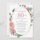 Pastel Red Rose Floral 80th Birthday Party Kaart (Voorkant)