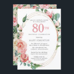 Pastel Red Rose Floral 80th Birthday Party Kaart<br><div class="desc">Een zacht pastelrood dat bijna roze creëer is, een prachtig bloemetjesontwerp op deze elegante 80ste verjaardagsuitnodiging. De rode rozen worden in diepe groene bladeren genaaid. De rozen en bladeren versieren een chic multi-strand goud lijst. De 80ste is geschreven in een grote rode tekst. De rest van de tekst is donkergrijs....</div>