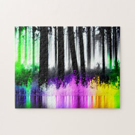 Pastel reflectie van zwart silhouet bos legpuzzel