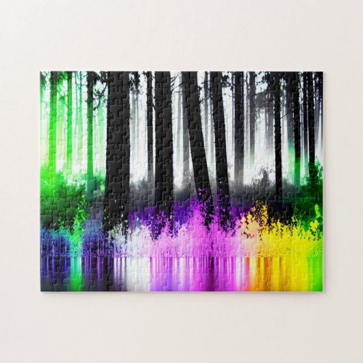 Pastel reflectie van zwart silhouet bos legpuzzel (Horizontaal)