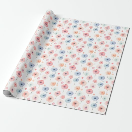 Pastel Regenboem Bloemen op Wit Cadeaupapier (Uitgerold)