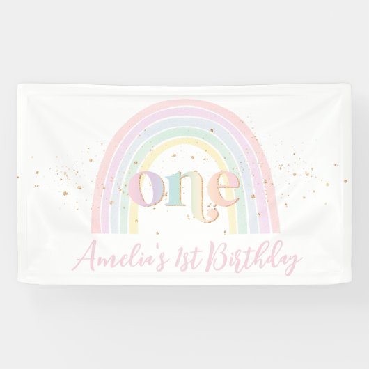 Pastel Regenboog 1e Verjaardagsfeestje Achtergrond Spandoek (Horizontaal)