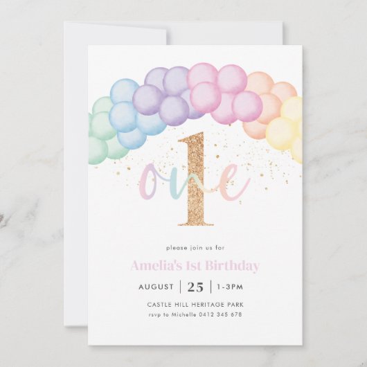 Pastel Regenboog Ballonboog 1e Verjaardagsfeestje Kaart (Voorkant)