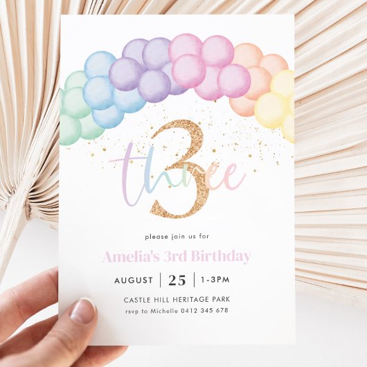 Pastel Regenboog Ballonboog 3e Verjaardagsfeestje Kaart