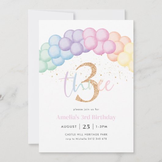 Pastel Regenboog Ballonboog 3e Verjaardagsfeestje Kaart (Voorkant)