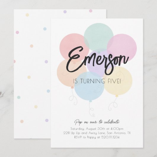 Pastel Regenboog Ballonnen Verjaardagsfeest Uitnod Kaart (Voorkant / Achterkant)