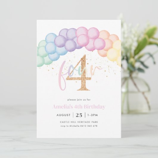Pastel Regenboog Balloon Arch 4e Verjaardagsfeest Kaart (Staand voorkant)