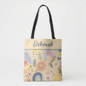 Pastel regenboog bloemen gepersonaliseerd tote bag (Voorkant)