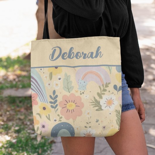 Pastel regenboog bloemen gepersonaliseerd tote bag