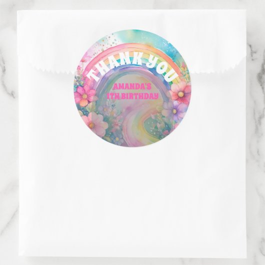 Pastel Regenboog Bloemen Retro Verjaardag Bedankt Ronde Sticker (Tas)