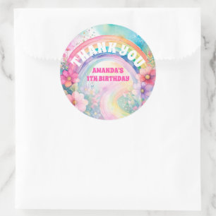 Pastel Regenboog Bloemen Retro Verjaardag Bedankt Ronde Sticker