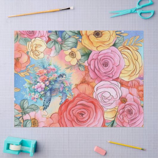 Pastel Regenboog Bloemen Zee Schildpad Tissuepapier (Craft)