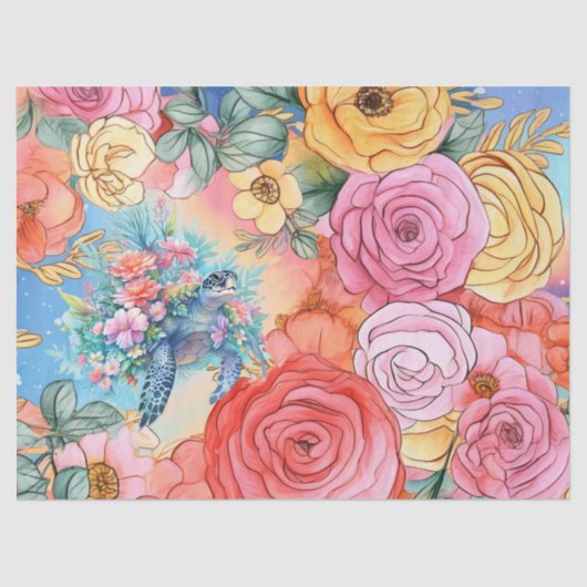 Pastel Regenboog Bloemen Zee Schildpad Tissuepapier (Voorkant)