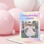 Pastel Regenboog Custom Verjaardag Meisje Foto Kaart<br><div class="desc">Vier je kleine meisje met deze  pastel regenboog fonkelende foto verjaardagskaart met prachtige paarse letters en de aangepaste foto van je kind. Voeg de foto van je kind toe voor een persoonlijk tintje op deze leuke grillige feesttoevoeging.</div>