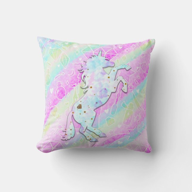 Pastel Regenboog Diamanten & Sterren Magisch Eenho Kussen (Voorkant)