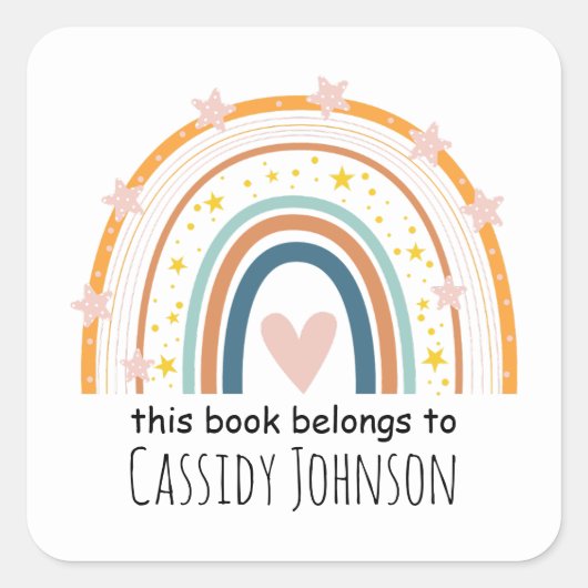 Pastel regenboog dit boek behoort tot de kinder bo vierkante sticker (Voorkant)