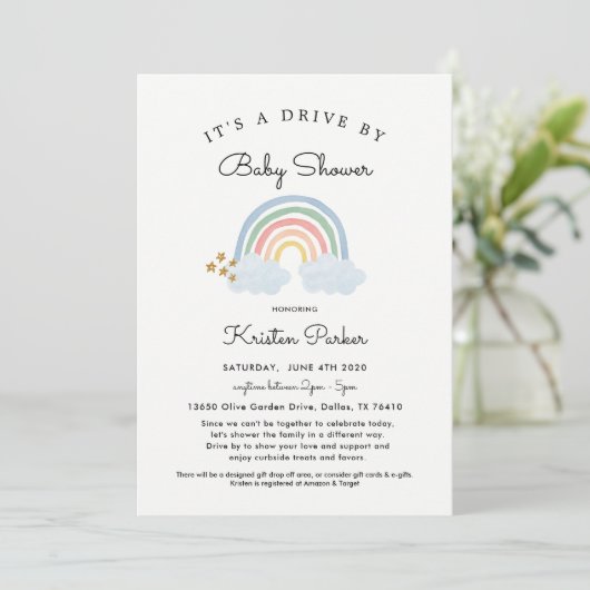 Pastel Regenboog Drive By Baby Shower Uitnodiging  (Staand voorkant)