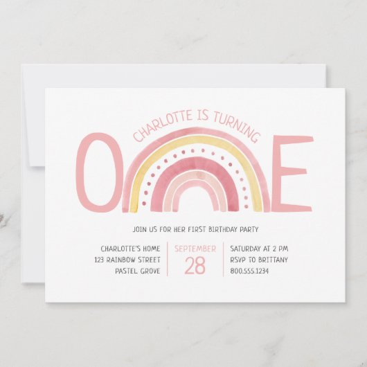 Pastel Regenboog Een Meisjes 1e Verjaardag Uitnodi Kaart (Voorkant)