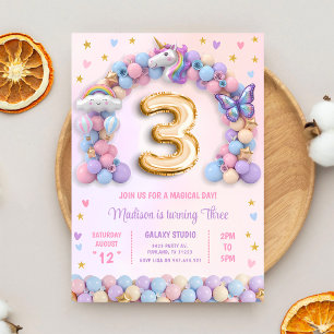 Pastel Regenboog Eenhoorn 3e Verjaardag Kaart
