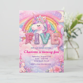 Pastel Regenboog Eenhoorn 5de Verjaardagsuitnodigi Kaart