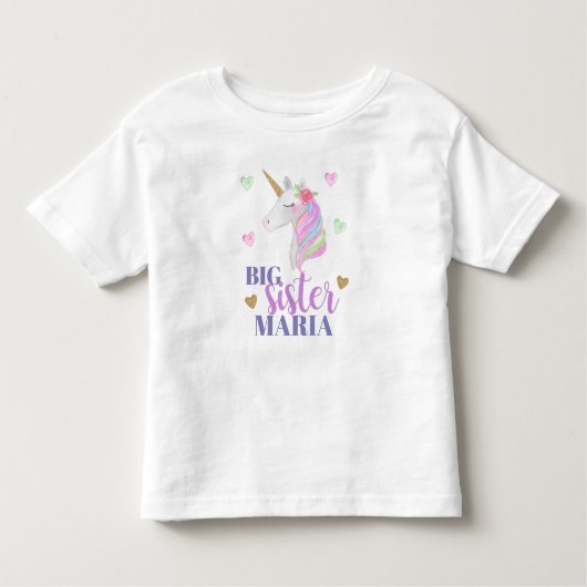 Pastel Regenboog Eenhoorn & Harten Grote Zus Kinder Shirts (Voorkant)