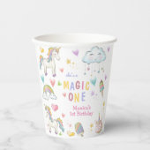 Pastel regenboog eenhoorn magie één verjaardag papieren bekers (Voorkant)