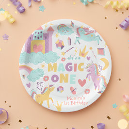 Pastel regenboog eenhoorn magie één verjaardag papieren bordje