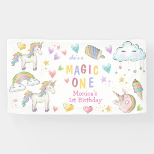Pastel regenboog eenhoorn magie één verjaardag spandoek