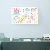 Pastel regenboog eenhoorn magie één verjaardag spandoek (Beurs)