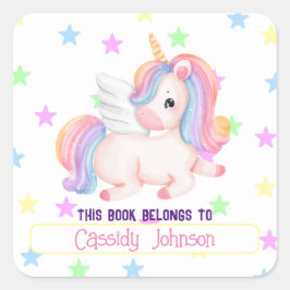 Pastel regenboog eenhoorn naam bookplate vierkante sticker