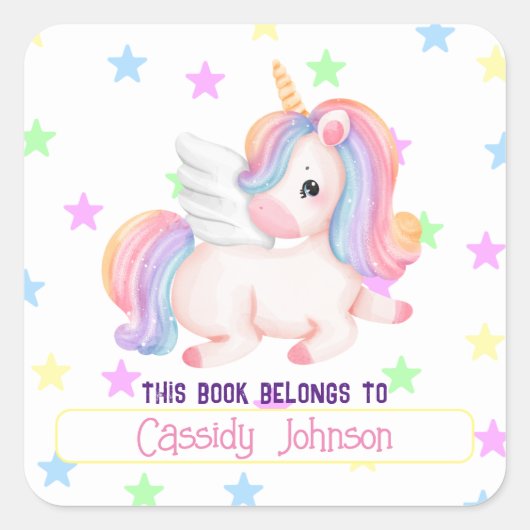 Pastel regenboog eenhoorn naam bookplate vierkante sticker (Voorkant)
