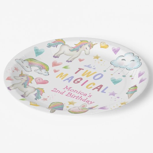 Pastel regenboog eenhoorn twee magische verjaardag papieren bordje (Gekanteld)