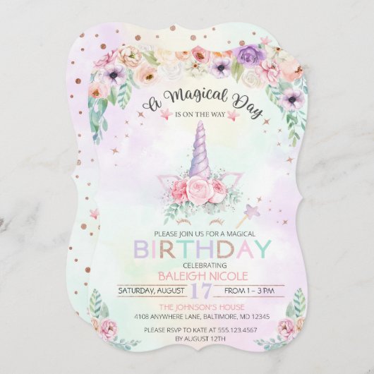 Pastel Regenboog Eenhoorn Verjaardag Uitnodiging (Voorkant / Achterkant)