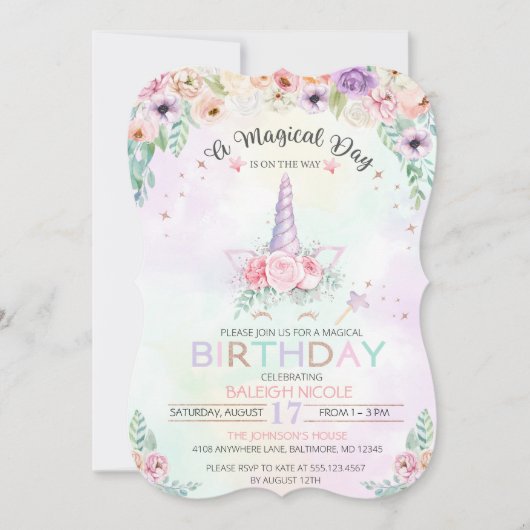 Pastel Regenboog Eenhoorn Verjaardag Uitnodiging (Voorkant)