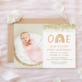 Pastel Regenboog Eerste Verjaardag Foto uitnodigin Kaart