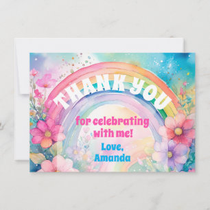 Pastel regenboog en bloemen Retro Verjaardag Bedankkaart