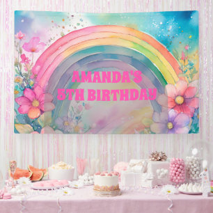 Pastel regenboog en bloemen Retro Verjaardag Spandoek