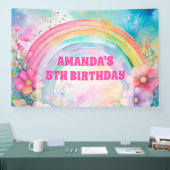 Pastel regenboog en bloemen Retro Verjaardag Spandoek (Beurs)