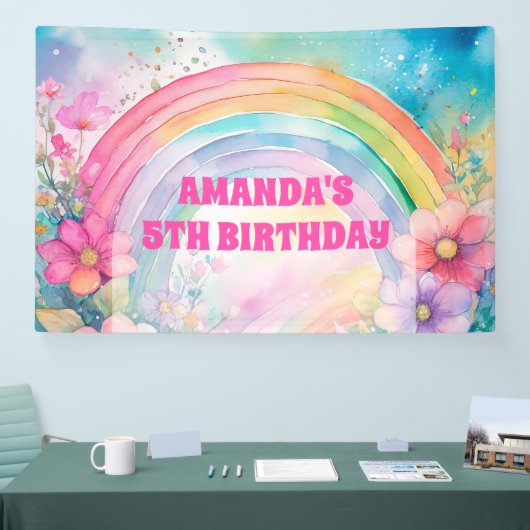 Pastel regenboog en bloemen Retro Verjaardag Spandoek (Beurs)