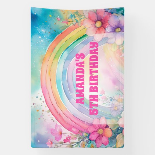 Pastel regenboog en bloemen Retro Verjaardag Spandoek (Verticaal)