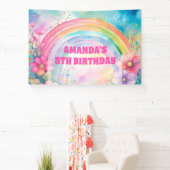 Pastel regenboog en bloemen Retro Verjaardag Spandoek (Insitu)