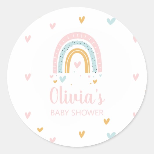 Pastel Regenboog en Harten Baby shower Ronde Sticker (Voorkant)