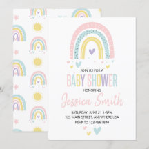 pastel regenboog en harten baby shower uitnodiging