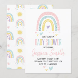 pastel regenboog en harten baby shower uitnodiging
