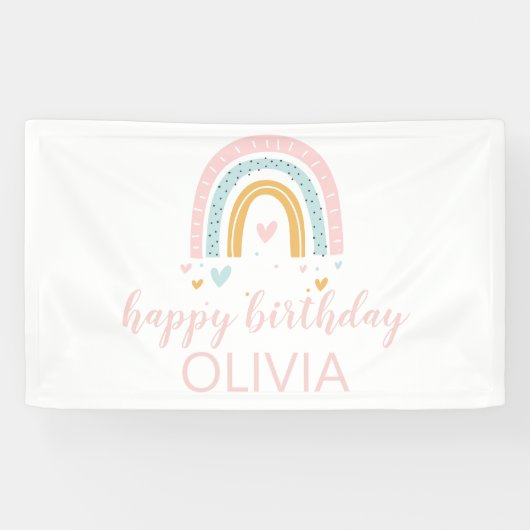 Pastel regenboog en harten verjaardagsbanner spandoek (Horizontaal)