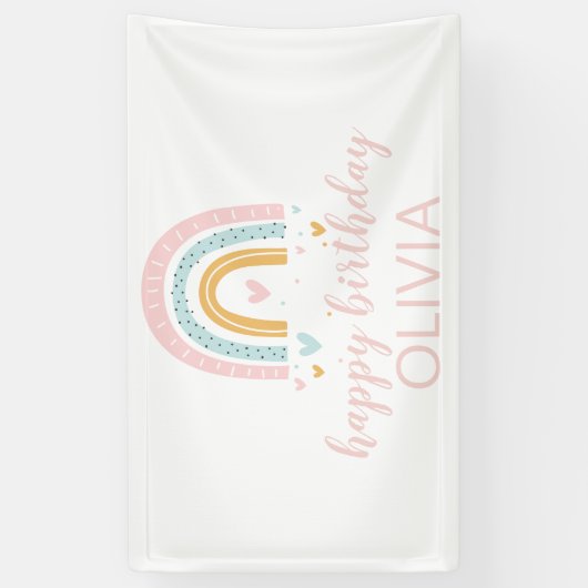 Pastel regenboog en harten verjaardagsbanner spandoek (Verticaal)